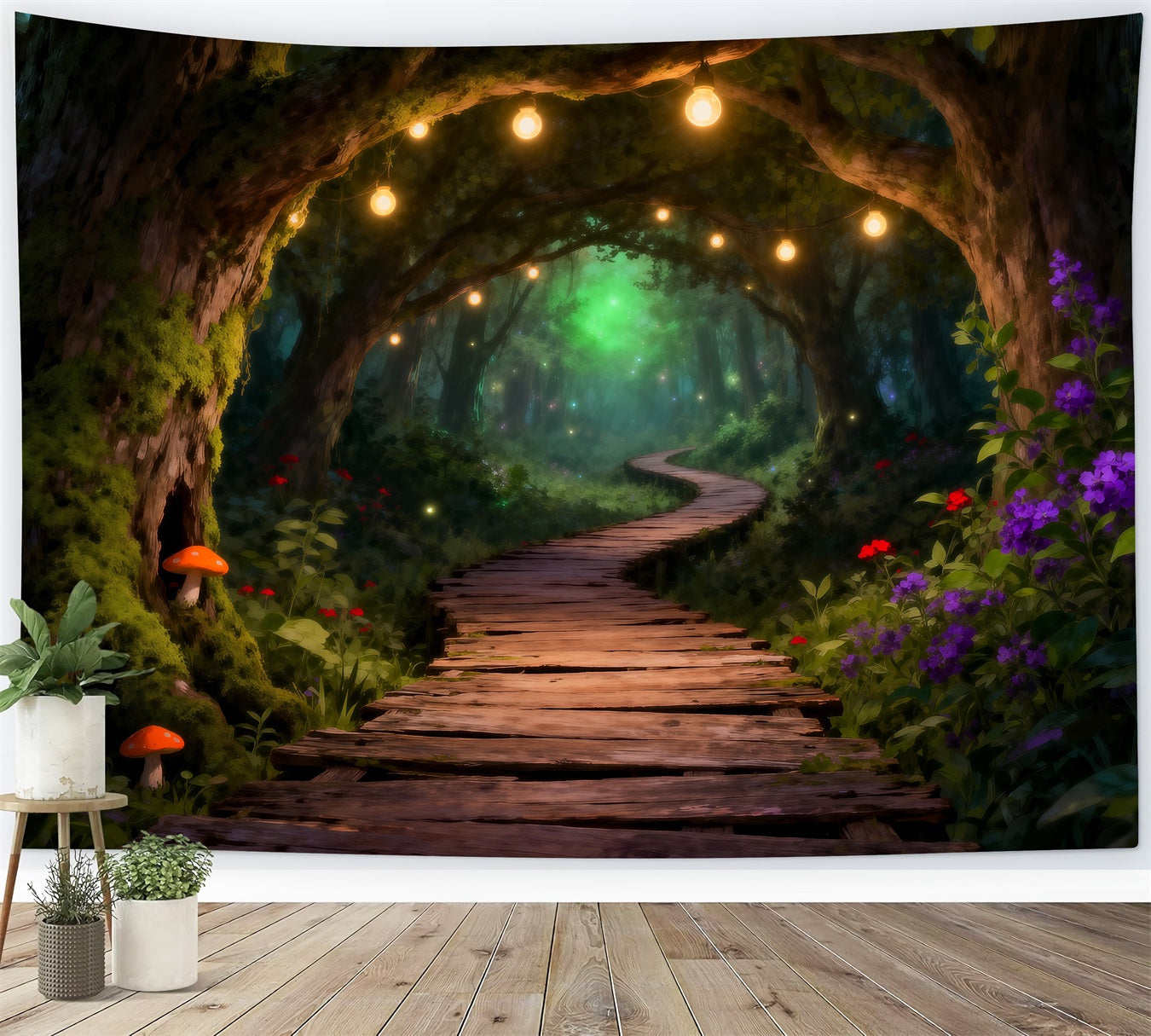Woodland Forest Backdrop Glowing String Light Wooden Path Tunnel Backdrop Enchanted Forest UK RR63-146