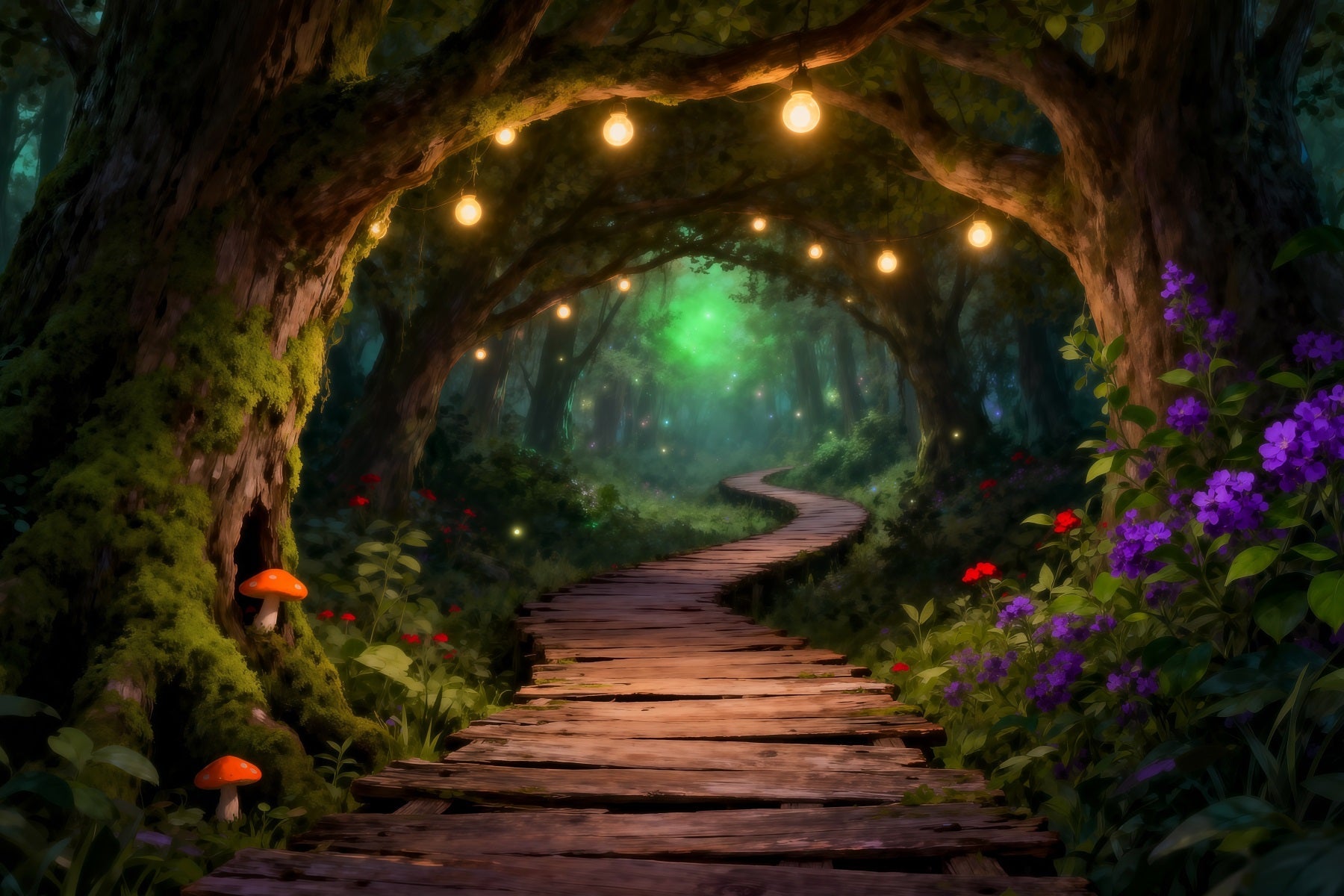 Woodland Forest Backdrop Glowing String Light Wooden Path Tunnel Backdrop Enchanted Forest UK RR63-146