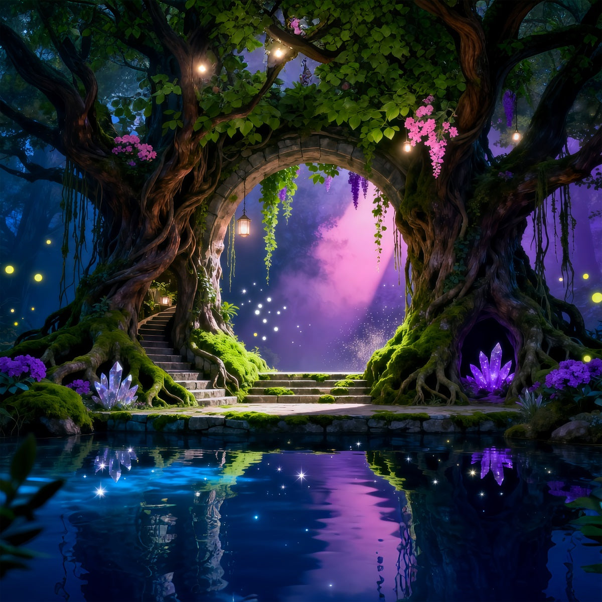 Forest Theme Backdrop Enchanted Tree Arch Crystal Reflection Pool Forest Scene Backdrop UK RR63-149