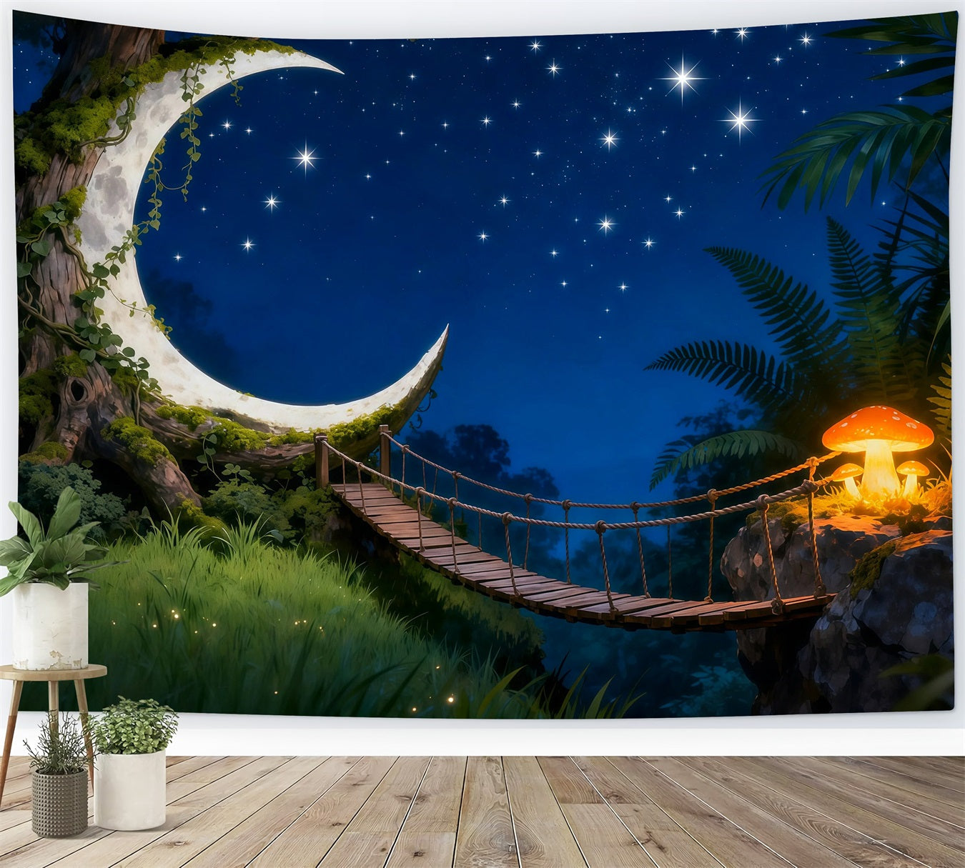 Twilight Forest Backdrop Crescent Moon Bridge Starry Night Forest Themed Backdrop UK RR63-150