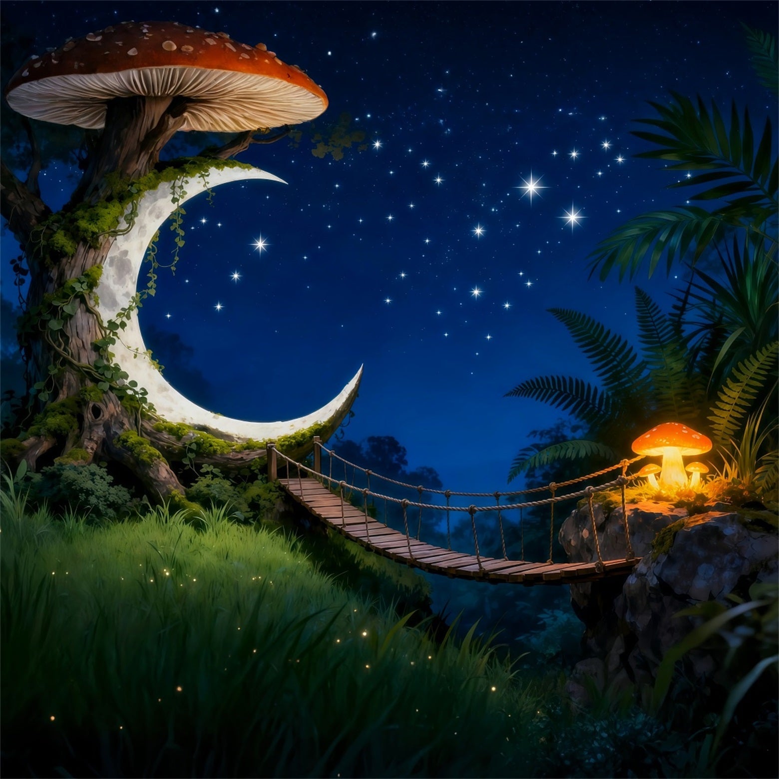 Twilight Forest Backdrop Crescent Moon Bridge Starry Night Forest Themed Backdrop UK RR63-150