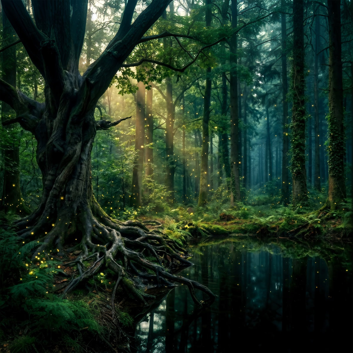 Rainforest Backdrops Sunlit Trees Pond Firefly Glow Roots Photo Backdrop Forest UK RR63-151