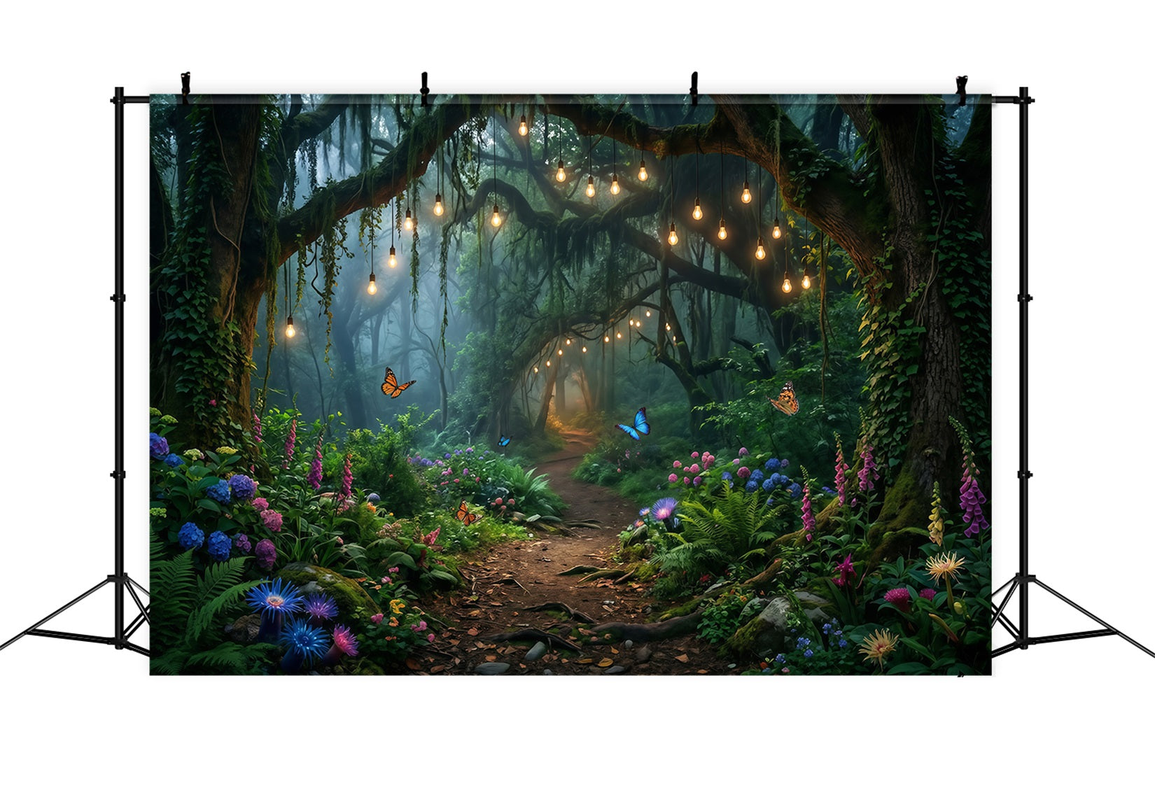 Photography Backdrop Forest Hanging Bulb Woodland Floral Pathway Fantasy Forest Backdrop UK RR63-152
