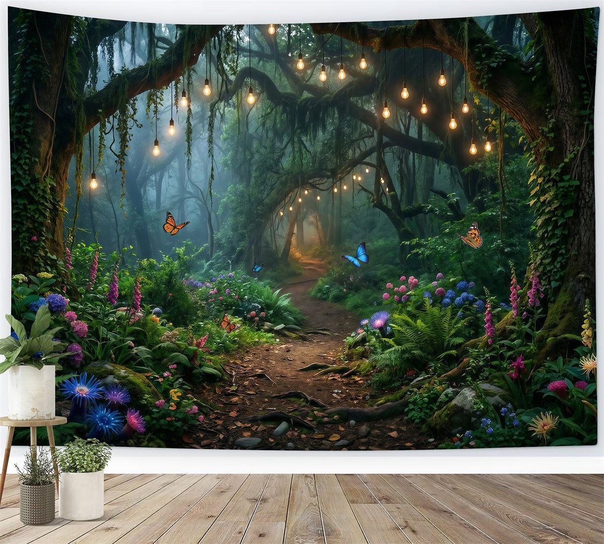 Photography Backdrop Forest Hanging Bulb Woodland Floral Pathway Fantasy Forest Backdrop UK RR63-152