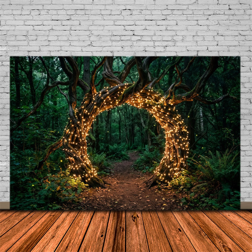 Backdrop Forest Theme Twisted Tree Arch Golden Fairy Lights Green Forest Backdrop UK RR63-153