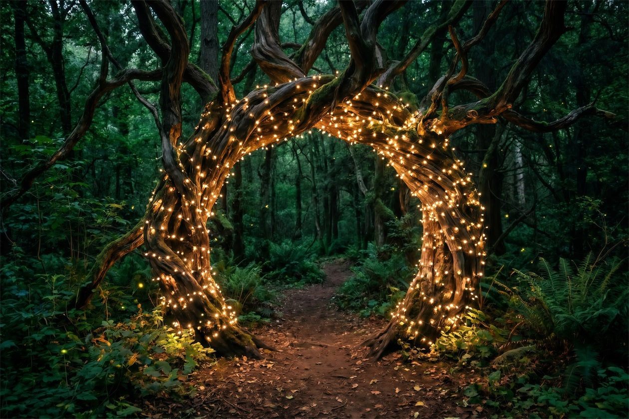 Backdrop Forest Theme Twisted Tree Arch Golden Fairy Lights Green Forest Backdrop UK RR63-153