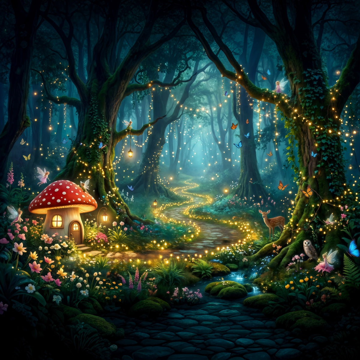 Enchanted Forest Backdrop Mushroom Cottage Glowing Pathway Forest Photo Booth Backdrop UK RR63-154