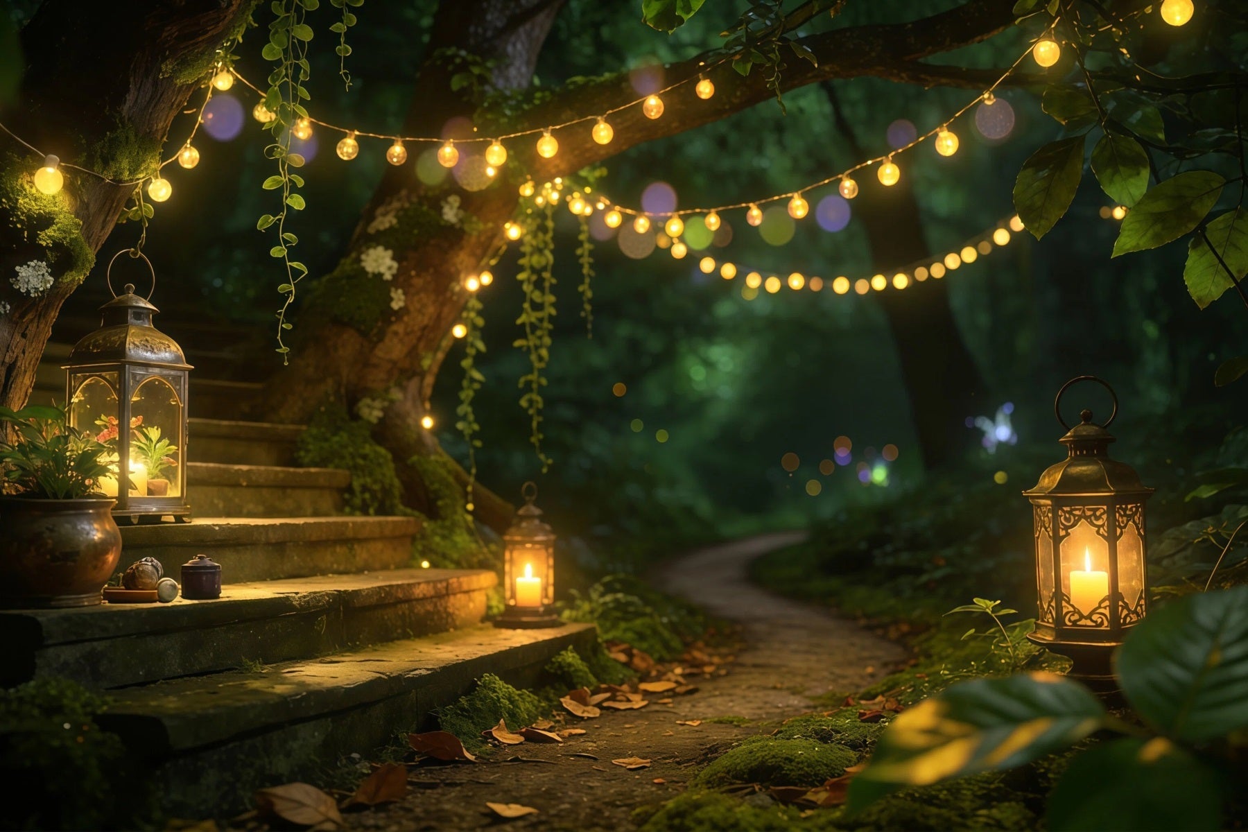 Forest Backdrops For Photography Lantern Stairway Woodland Path Enchanted Forest Backdrops UK RR63-156