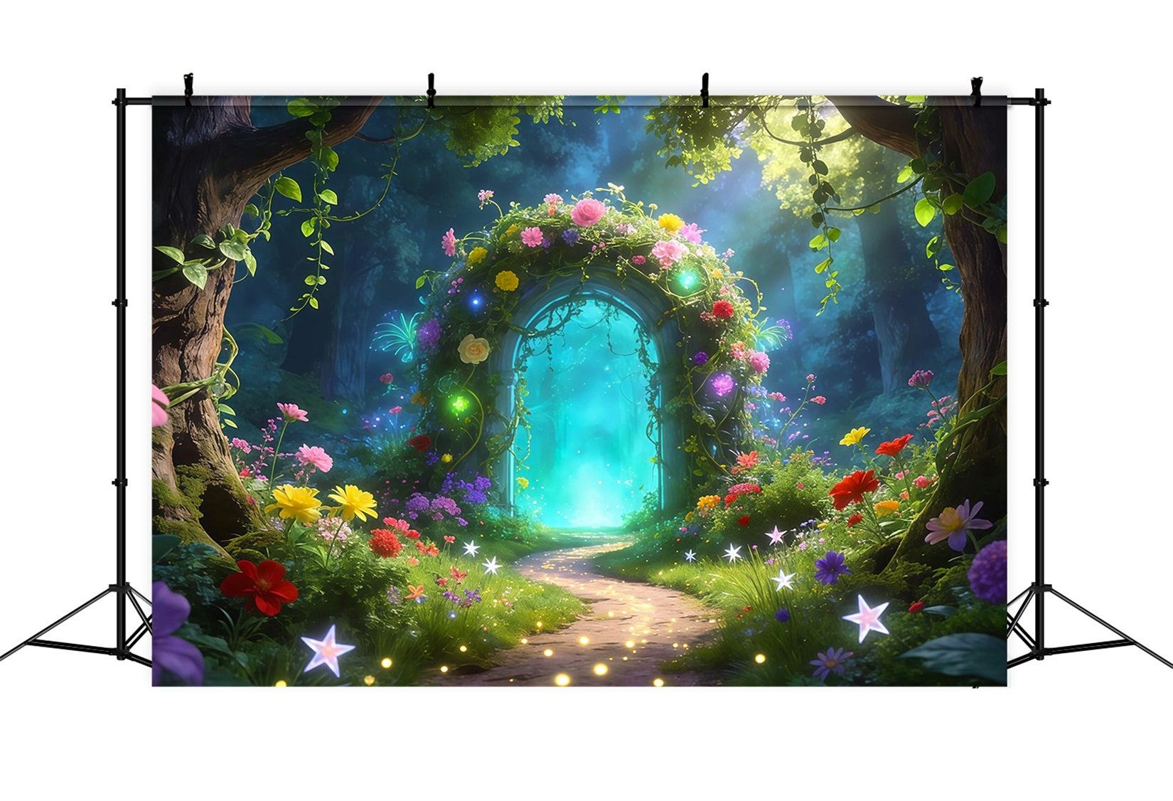 Photography Forest Backdrop Enchanted Floral Arch Glowing Magic Path Forest Green Backdrop UK RR63-157