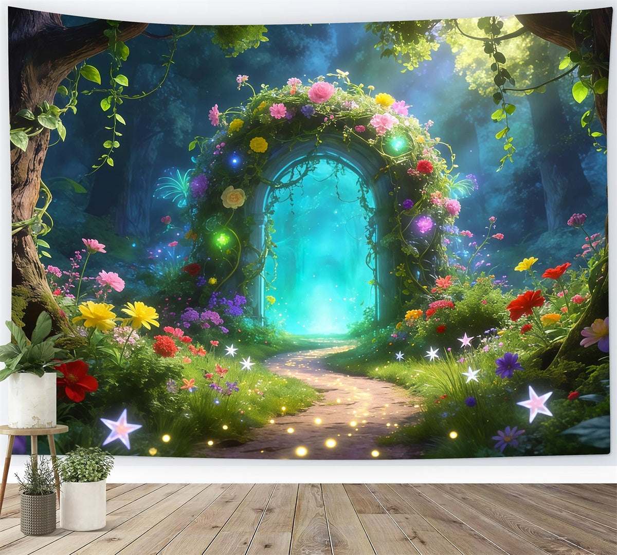 Photography Forest Backdrop Enchanted Floral Arch Glowing Magic Path Forest Green Backdrop UK RR63-157