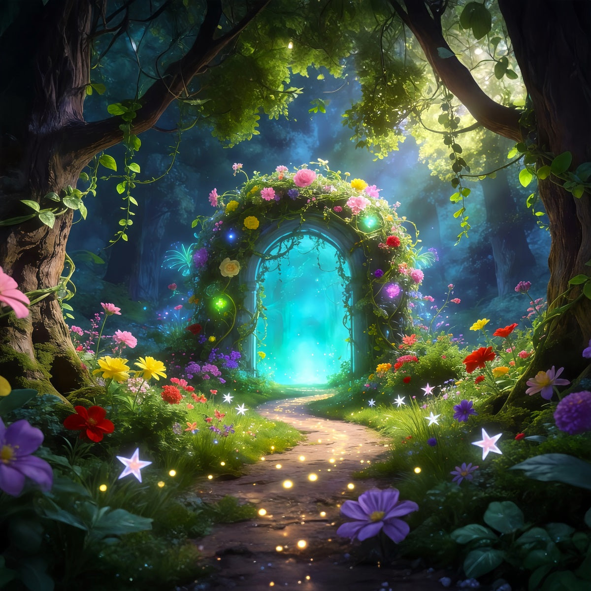 Photography Forest Backdrop Enchanted Floral Arch Glowing Magic Path Forest Green Backdrop UK RR63-157