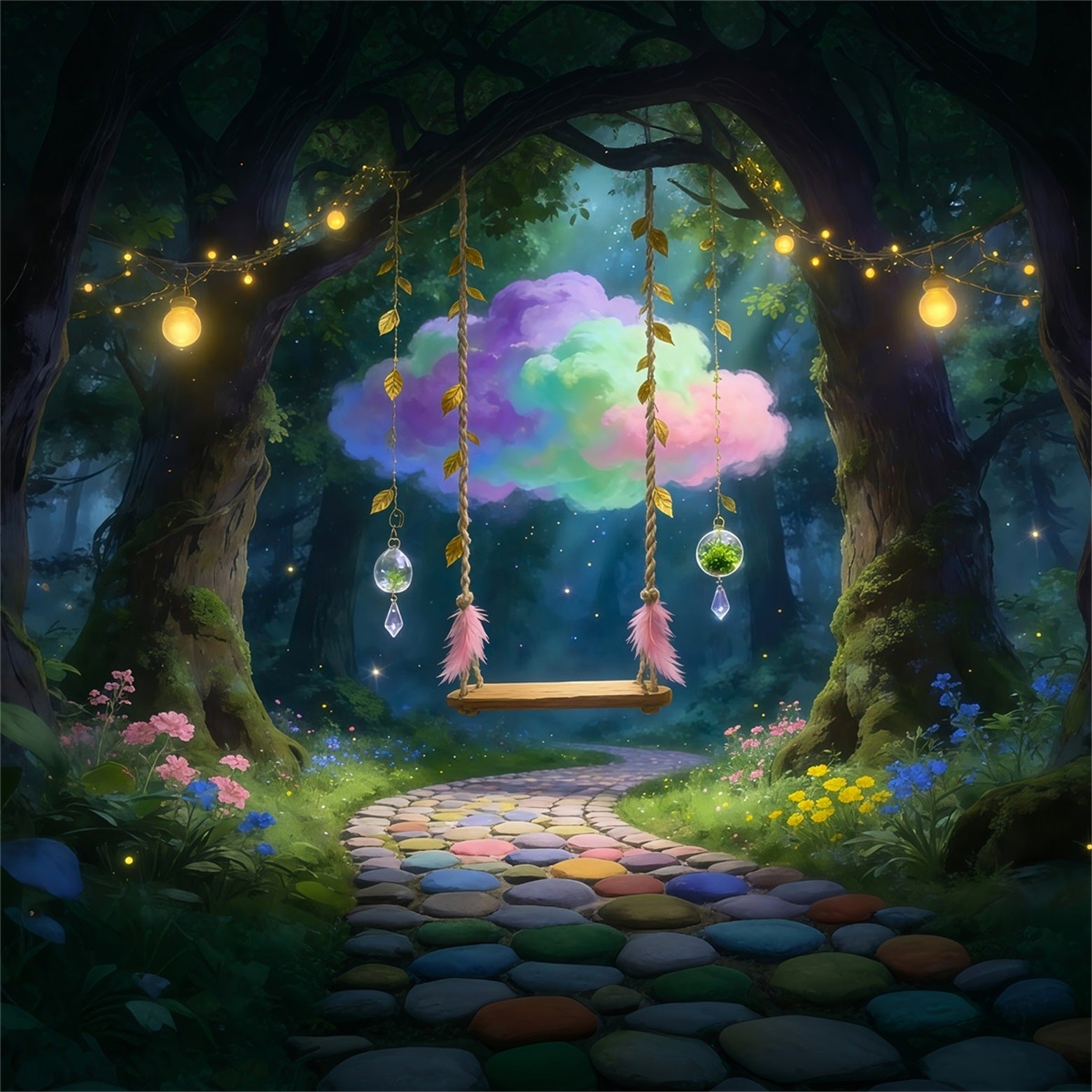 Enchanted Forest Photography Backdrop Dreamy Cloud Swing Hanging Crystal Forest Backdrop UK RR63-158