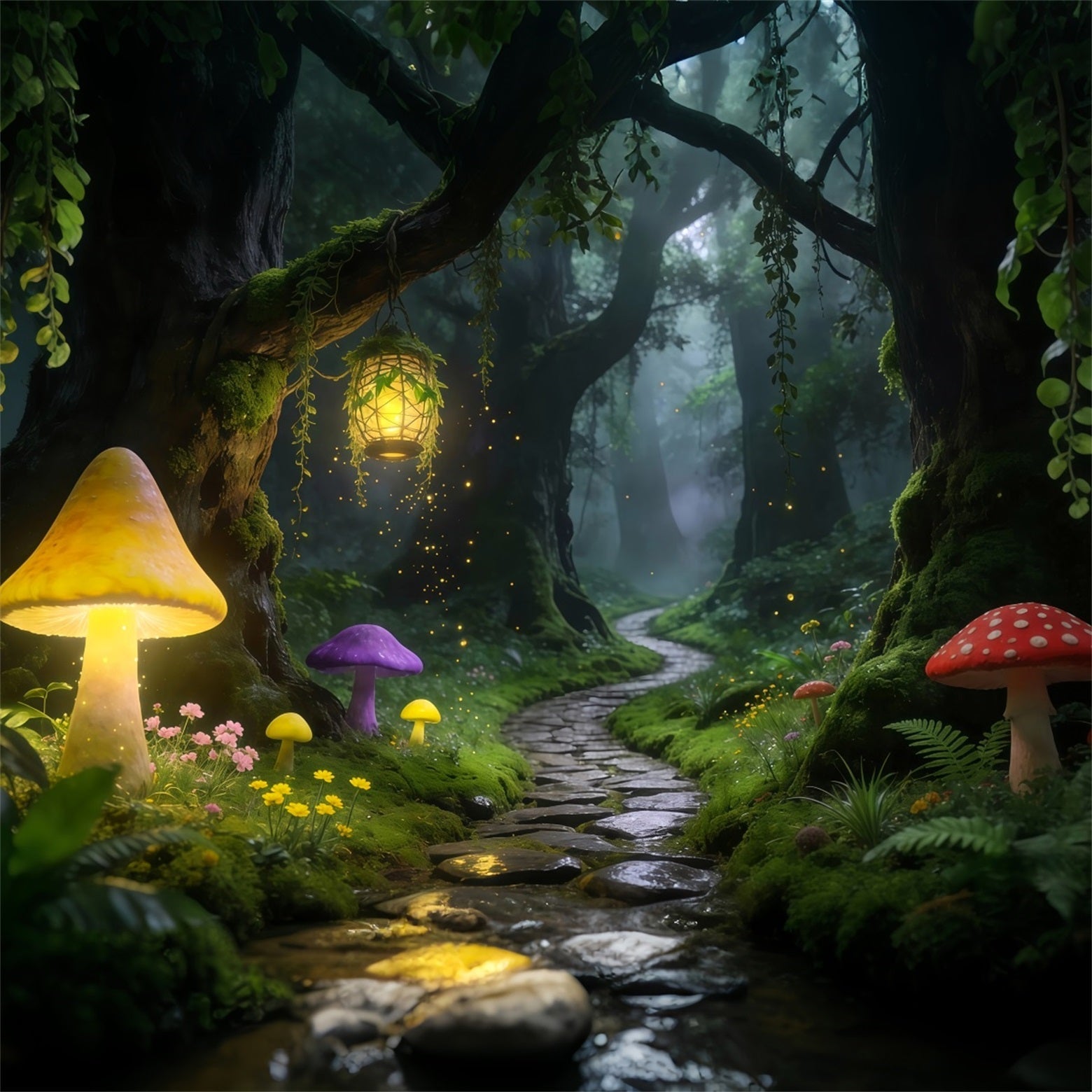 Forest Backdrop For Photography Glowing Mushroom Path Lantern Trail Rainforest Backdrop UK RR63-161