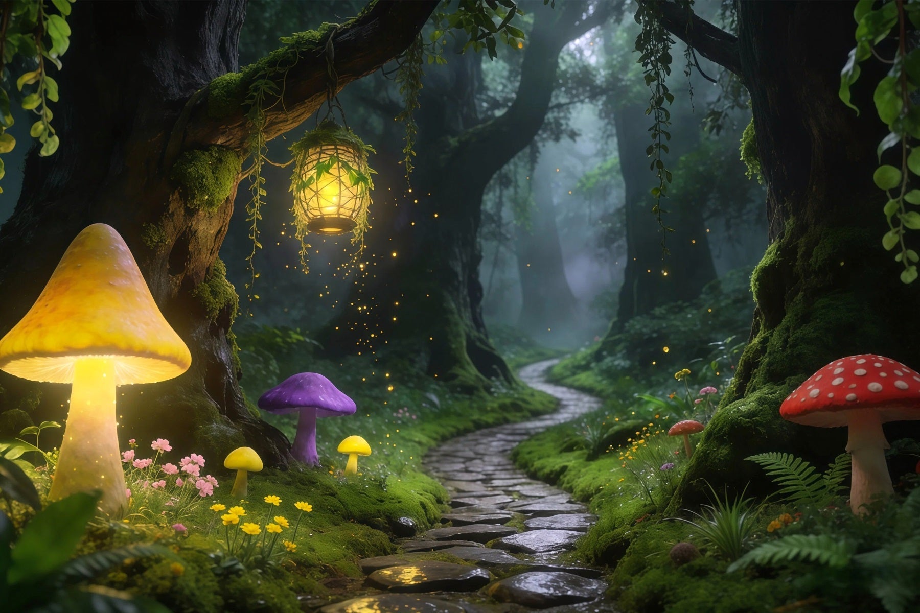 Forest Backdrop For Photography Glowing Mushroom Path Lantern Trail Rainforest Backdrop UK RR63-161