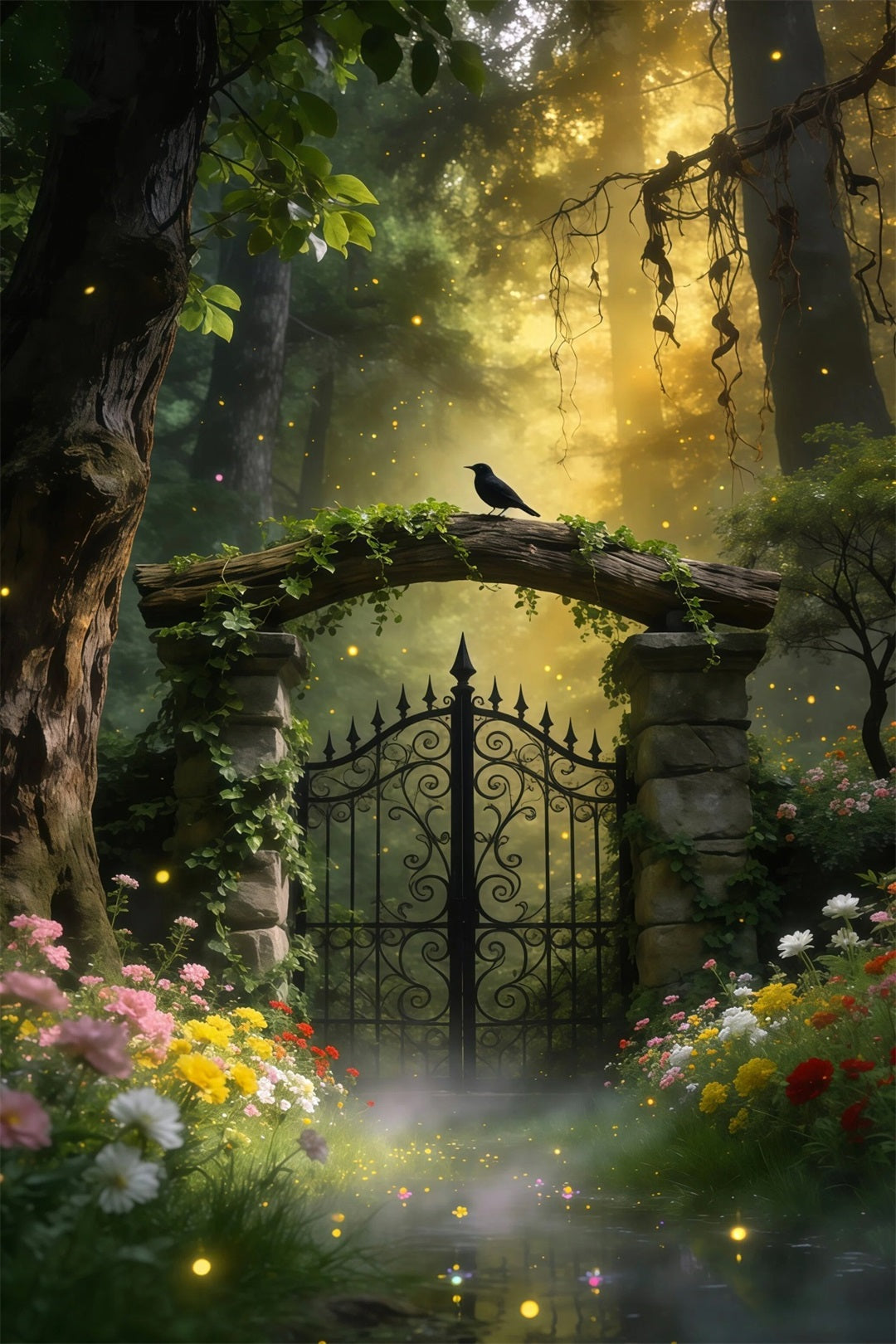 Backdrops Forest Vintage Iron Gate Bird Garden Glow Forest Photography Backdrop UK RR63-164