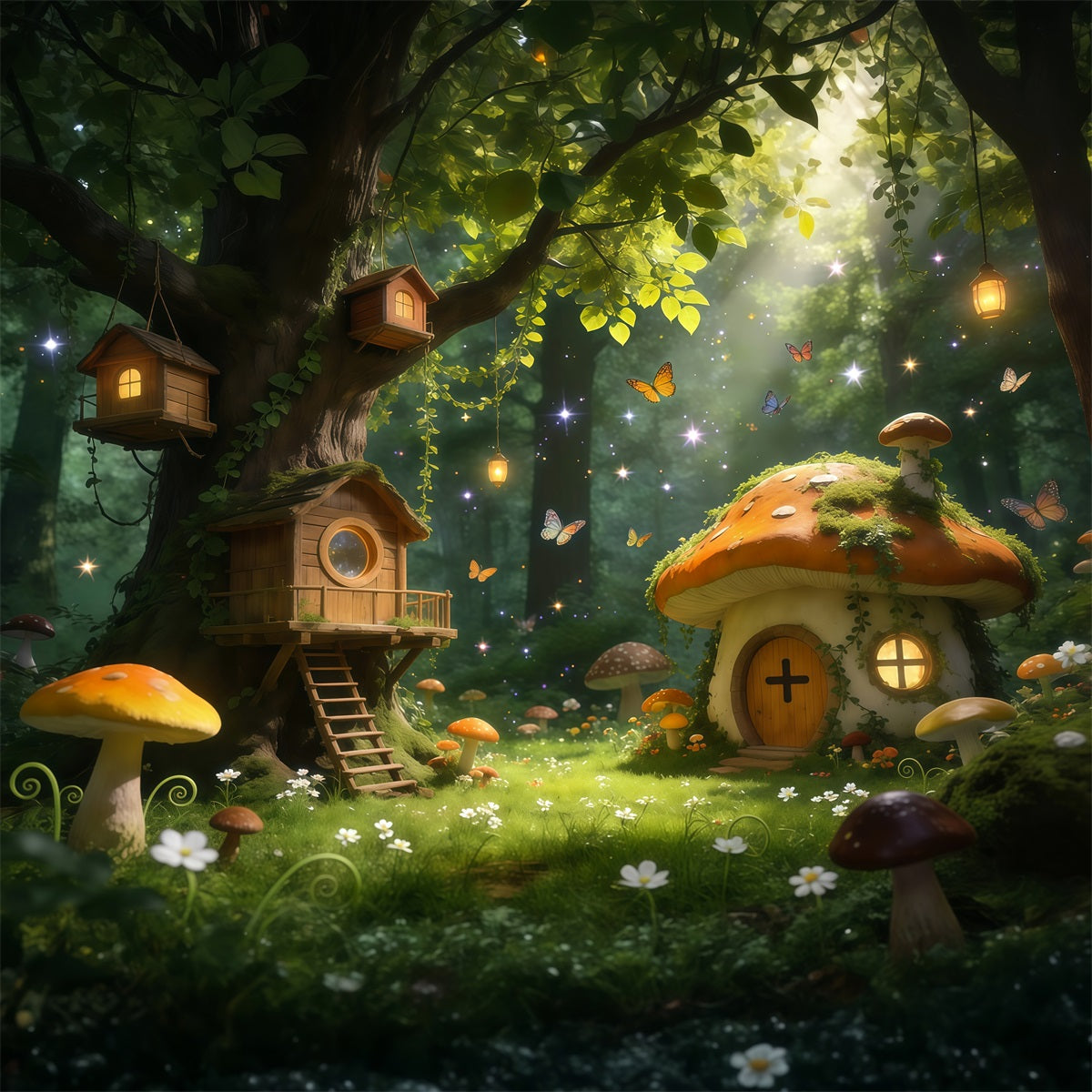 Forest Themed Backdrop Fairy Treehouse Mushroom Cottage Glow Enchanted Forest Backdrops UK RR63-165