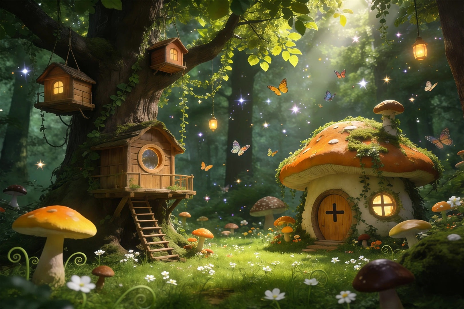 Forest Themed Backdrop Fairy Treehouse Mushroom Cottage Glow Enchanted Forest Backdrops UK RR63-165