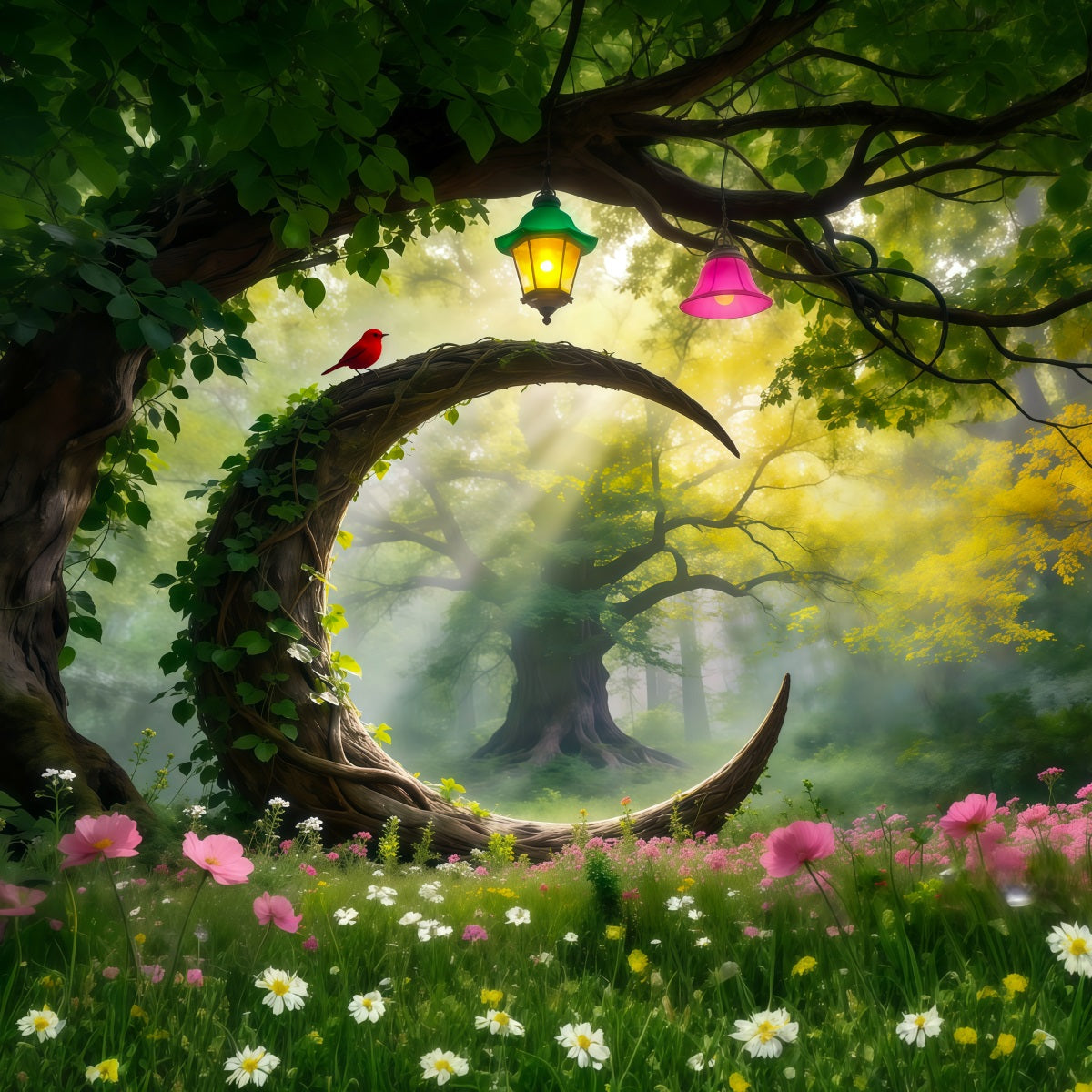 Forest Green Backdrop Curved Vine Arch Red Bird Lanterns Forest Photo Backdrop UK RR63-166