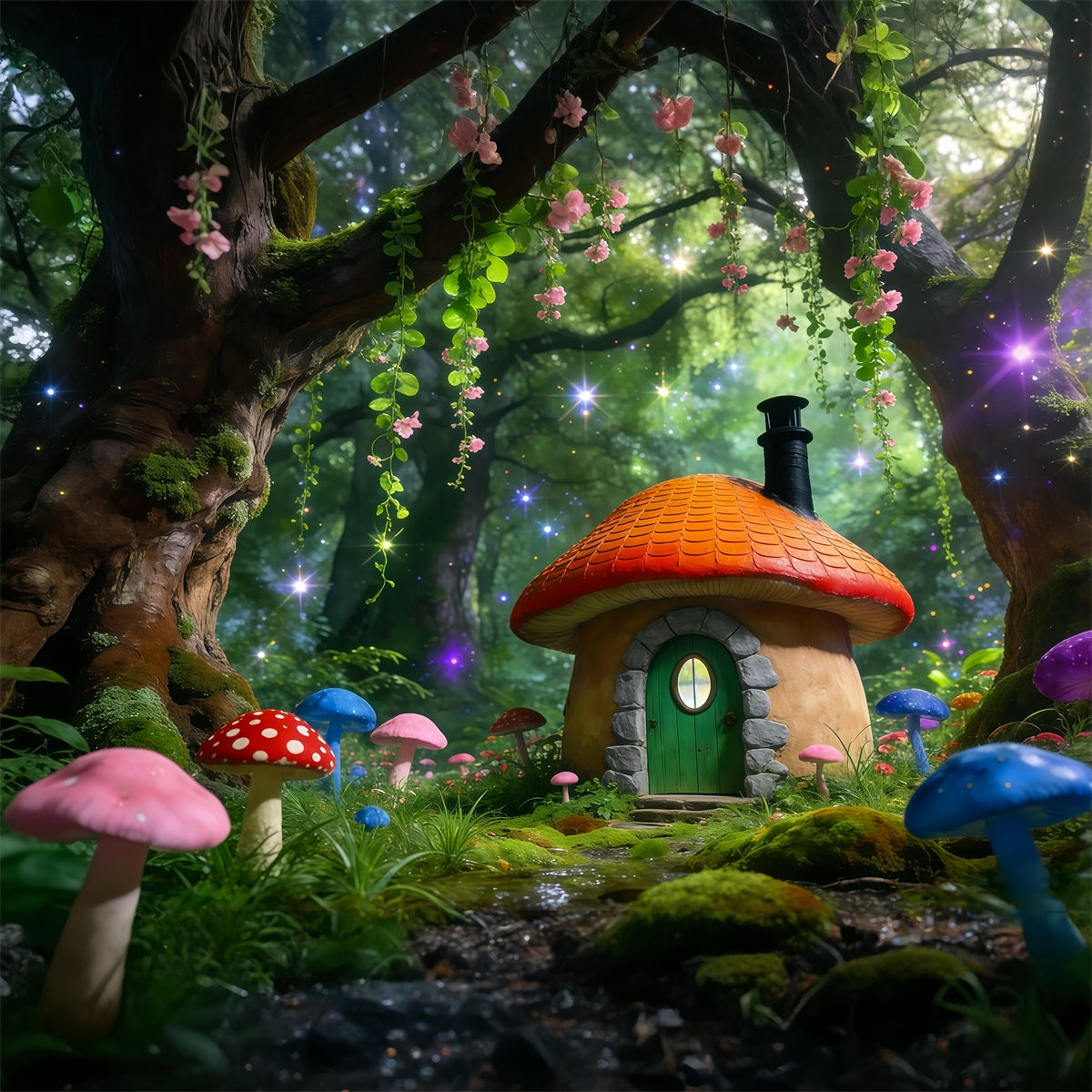 Fairy Tale Forest Backdrop Colorful Mushroom Cottage Sparkle Forest Backdrop Ideas UK RR63-167