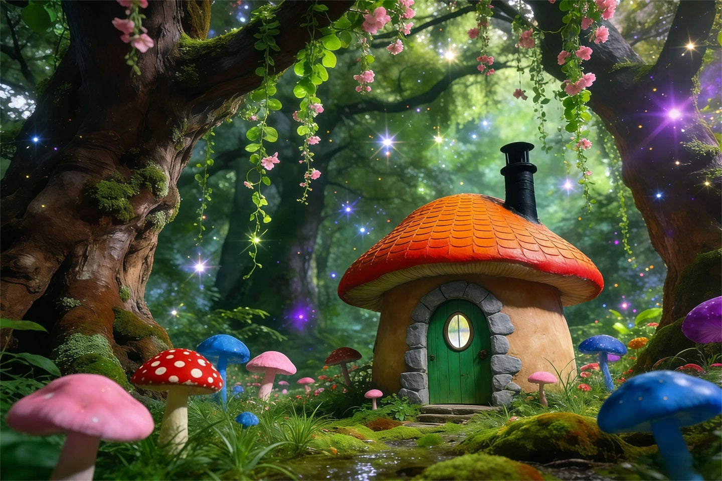 Fairy Tale Forest Backdrop Colorful Mushroom Cottage Sparkle Forest Backdrop Ideas UK RR63-167