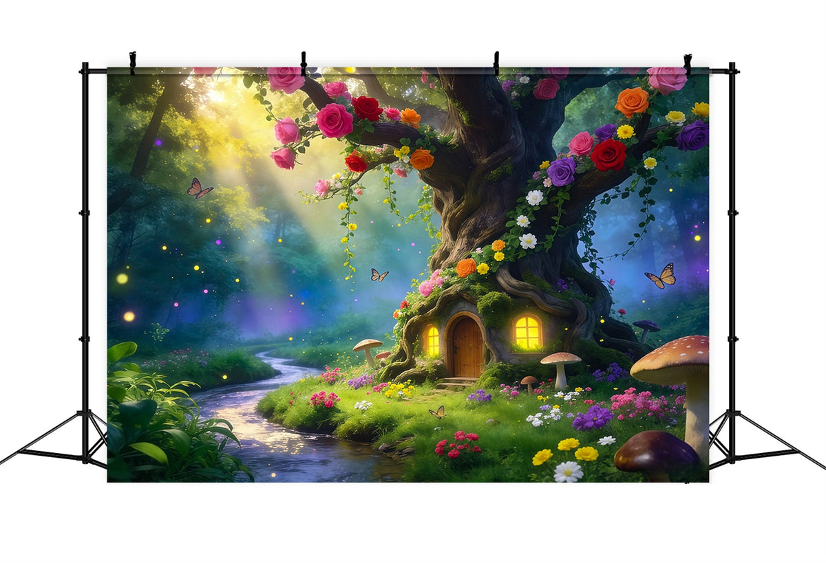 Forest Backdrop Blooming Tree Hollow Cottage Path Forest Backdrop For
