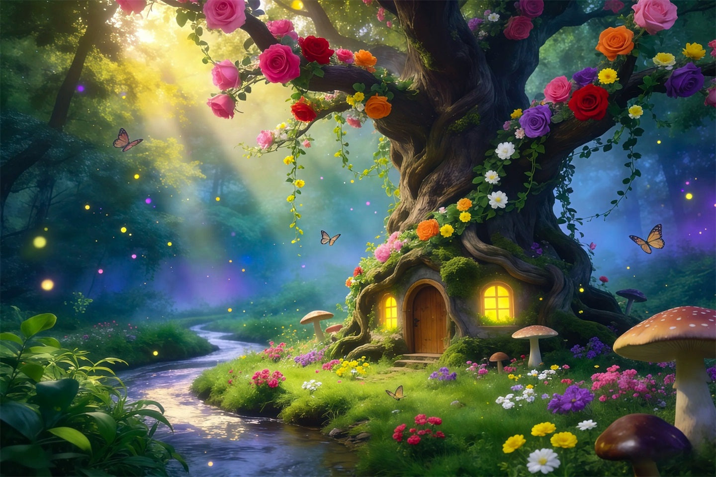 Forest Backdrop Blooming Tree Hollow Cottage Path Forest Backdrop For Photography UK RR63-168