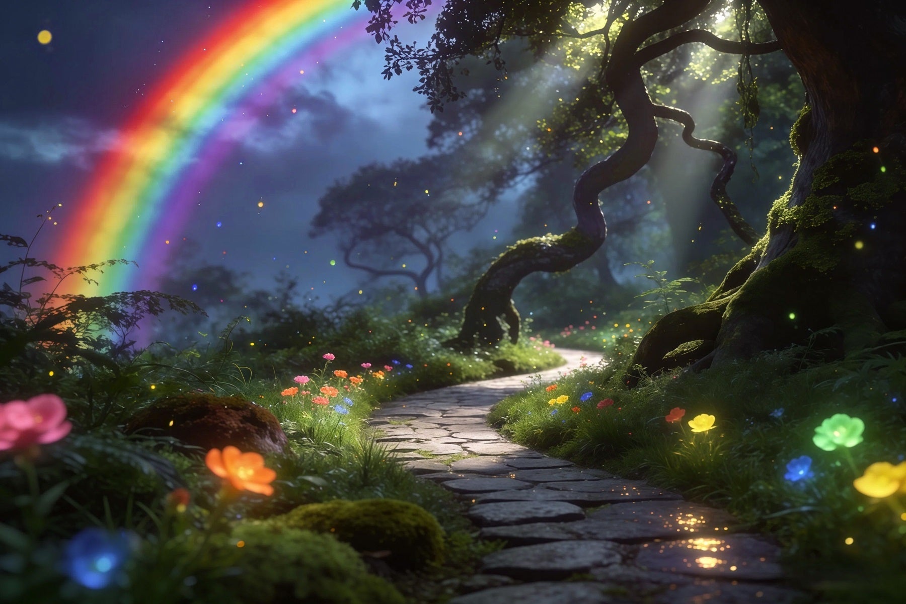 Enchanted Forest Backdrop Rainbow Sky Woodland Path Dream Glow Forest Photo Backdrops UK RR63-169