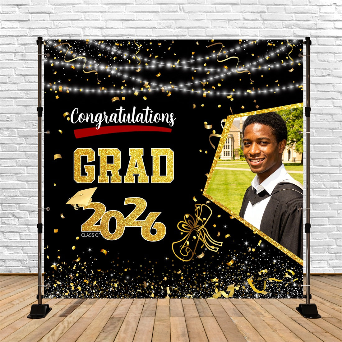 Congratulations Graduation Backdrop Black Gold Confetti Lights Custom Graduation Backdrop UK RR63-17