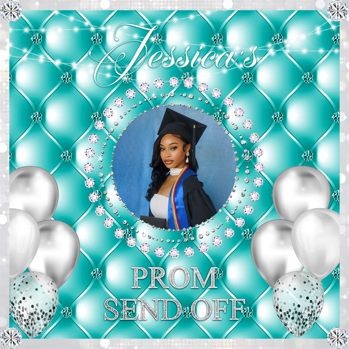 Backdrop For Prom Send Off Diamond Silver Balloons Teal Graduation Party Backdrop UK RR63-20