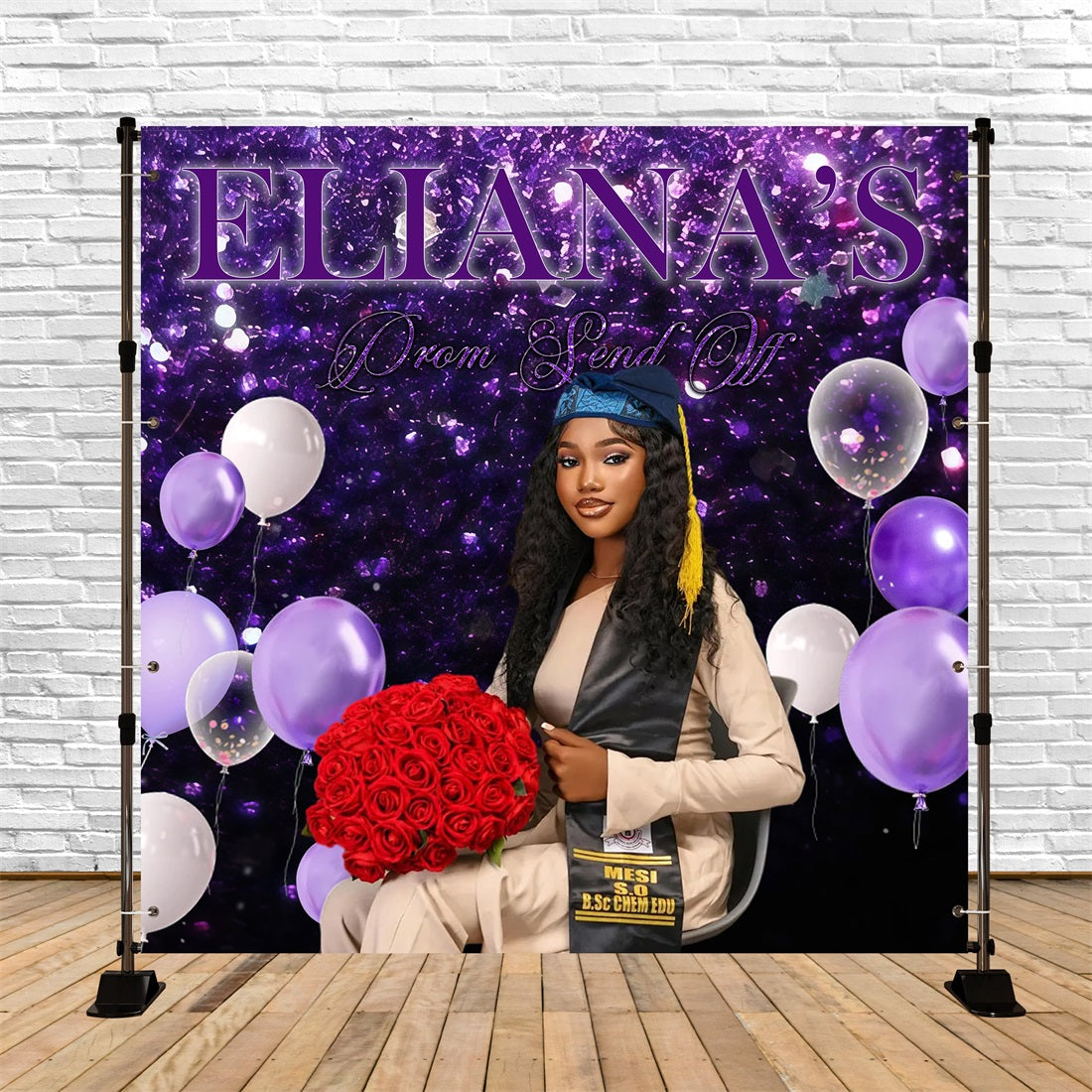 Prom Send Off Backdrop Ideas Purple Glitter Balloon Rose Custom Graduation Backdrop UK RR63-21