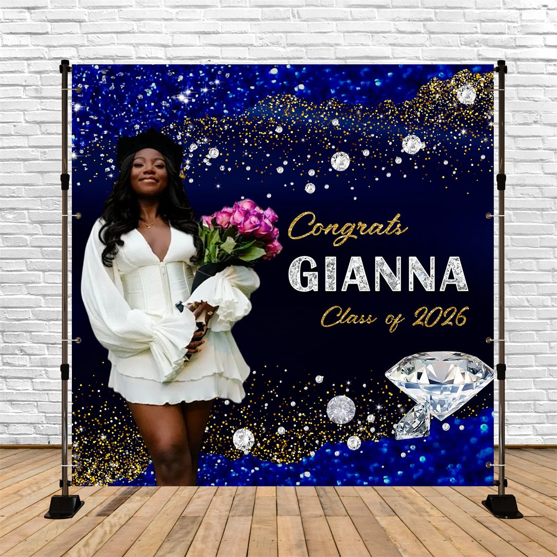 Graduation Party Backdrop Blue Gold Diamonds Sparkle Congratulations Graduation Backdrop UK RR63-22