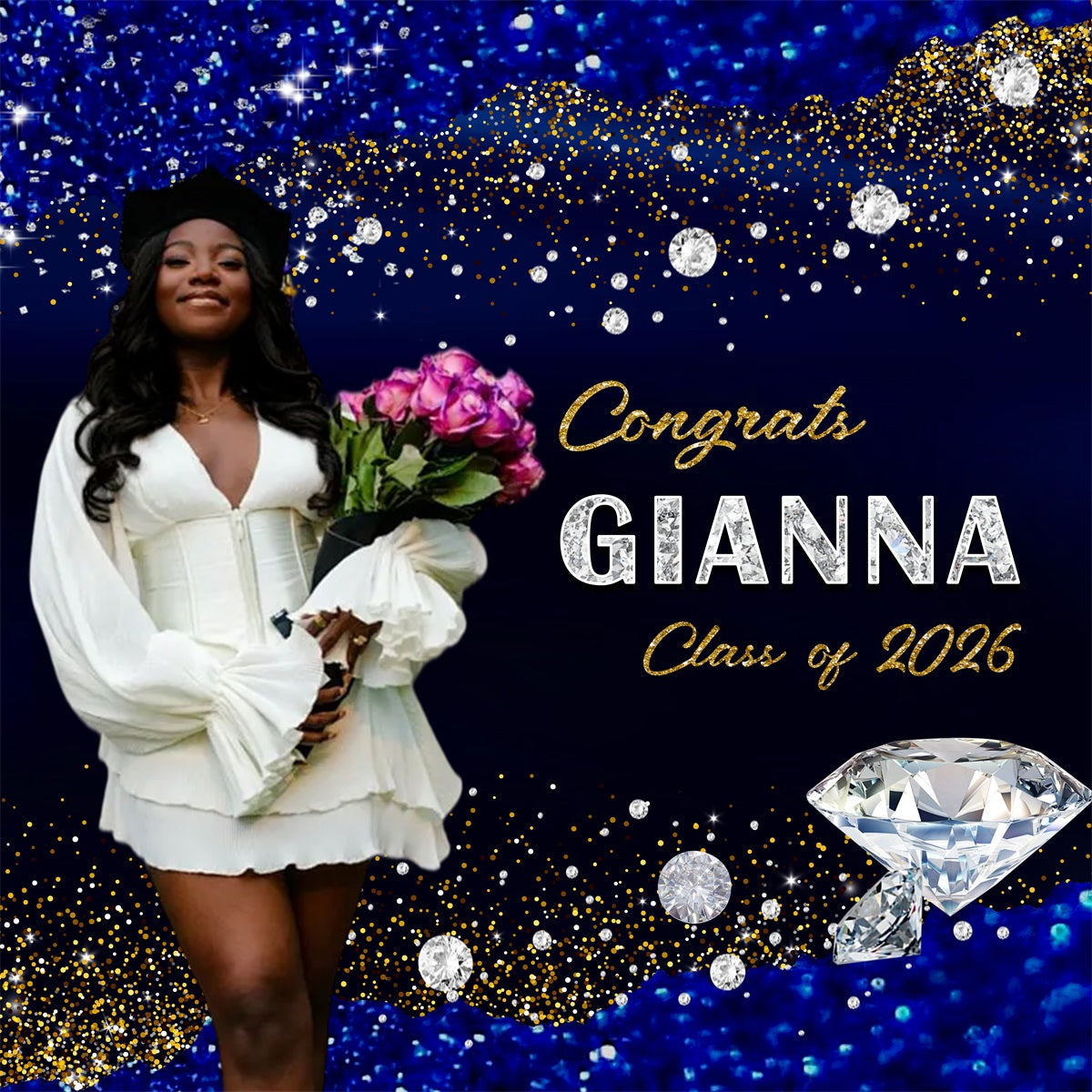 Graduation Party Backdrop Blue Gold Diamonds Sparkle Congratulations Graduation Backdrop UK RR63-22