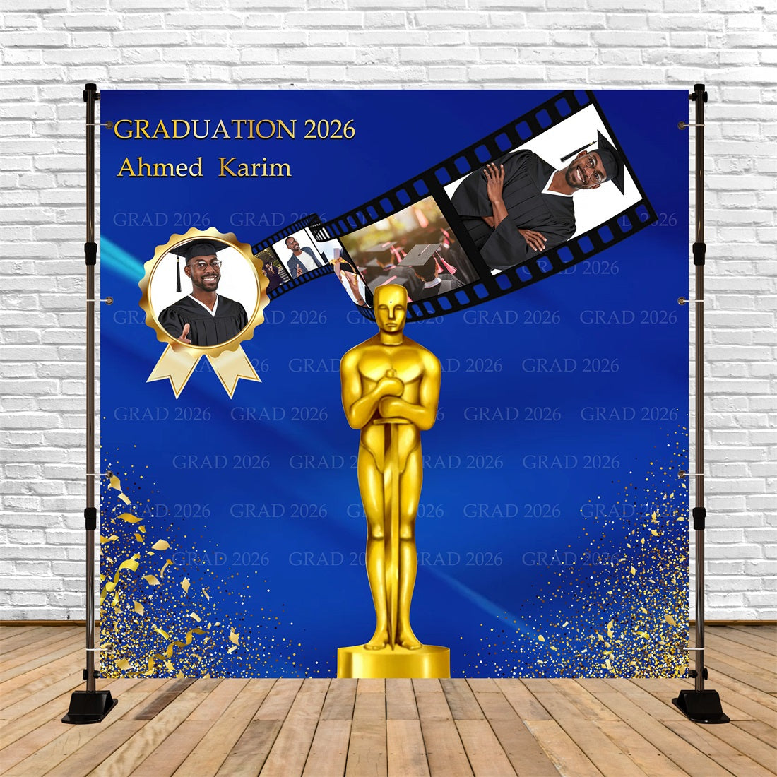 Custom Graduation Backdrop Blue Gold Trophy Filmstrip Graduation Party Backdrop UK RR63-24
