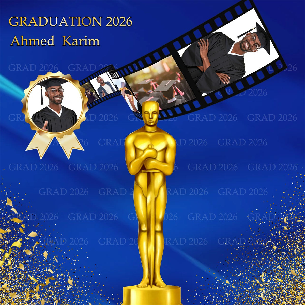 Custom Graduation Backdrop Blue Gold Trophy Filmstrip Graduation Party Backdrop UK RR63-24