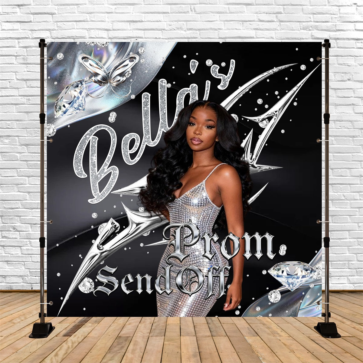 Custom Prom Send Off Backdrop Silver Chrome Diamonds Butterfly Graduation Party Backdrop UK RR63-25