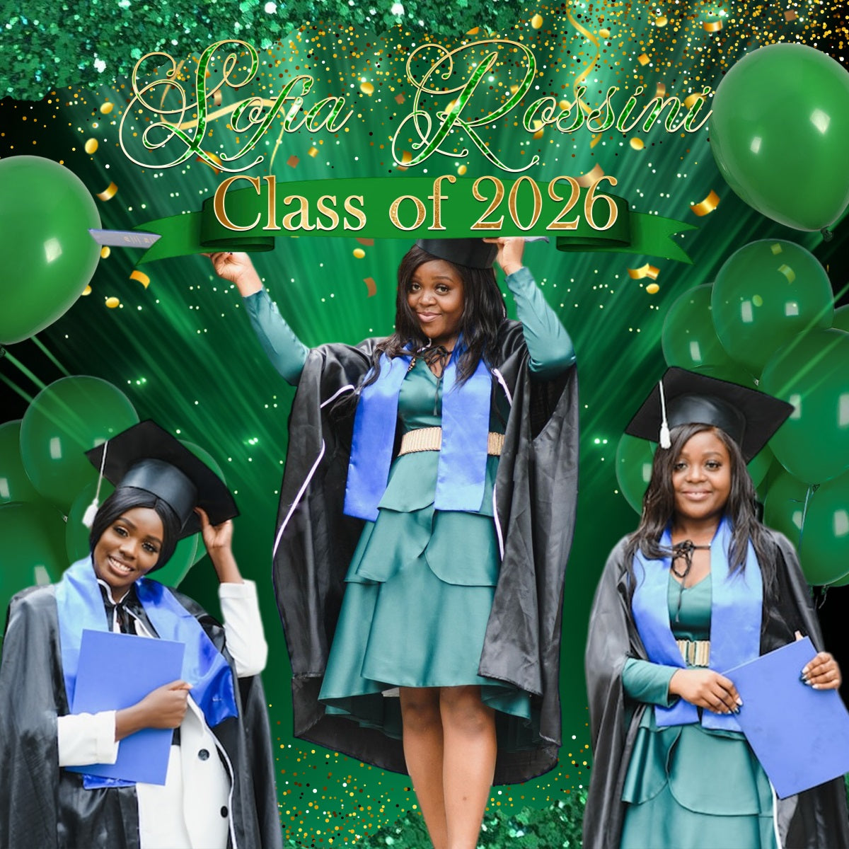 Custom Graduation Backdrops Green Glitter Balloons Confetti Graduation Party Backdrop Ideas UK RR63-30