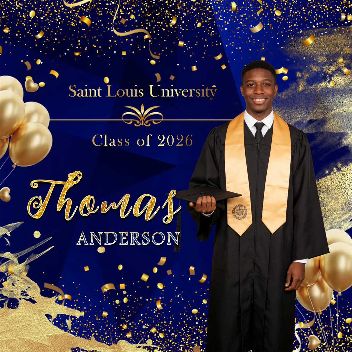 2026 Graduation Backdrop Royal Blue Gold Balloons Confetti Custom Graduation Party Backdrop UK RR63-31