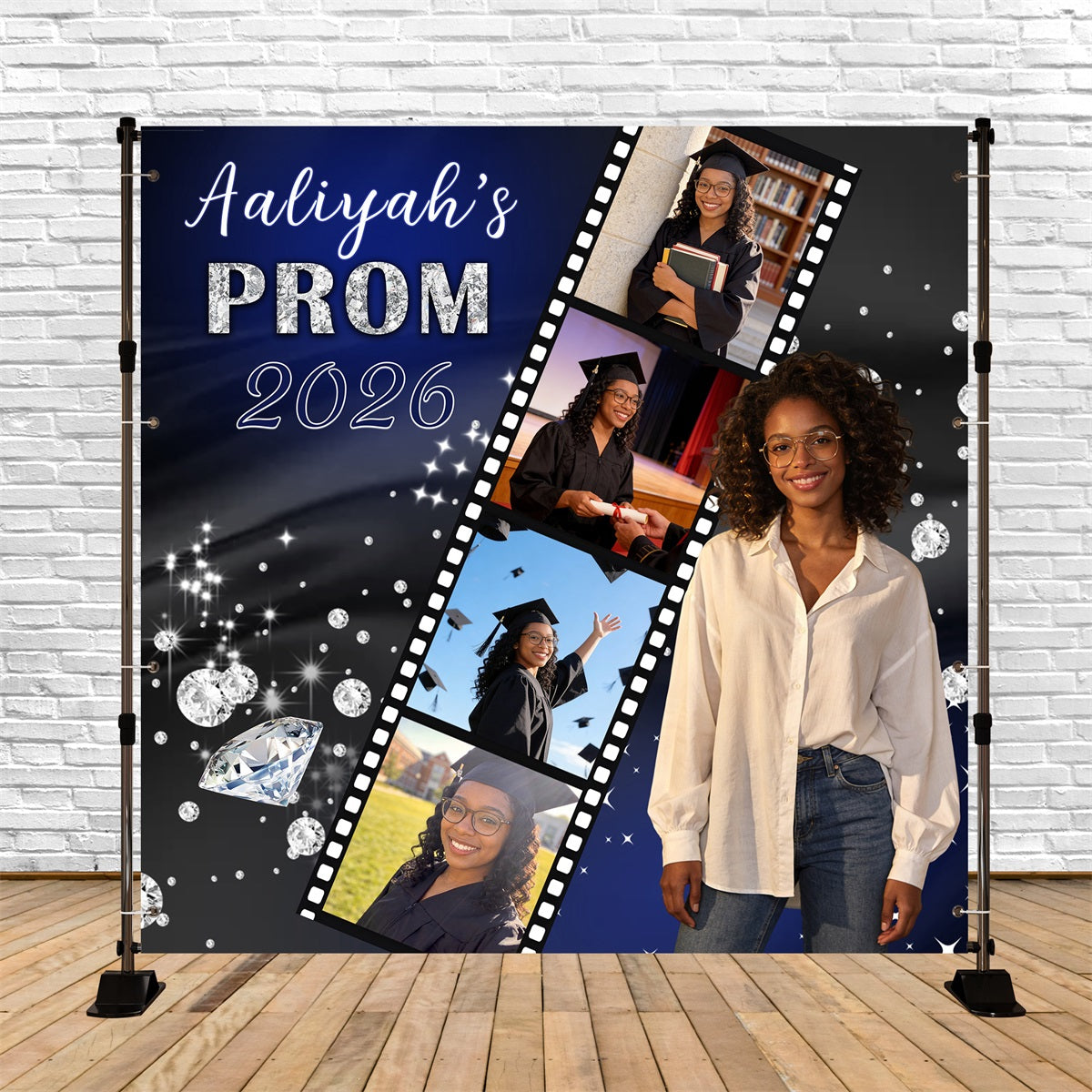 Prom Party Backdrop Navy Filmstrip Collage Customized Graduation Backdrop UK RR63-4