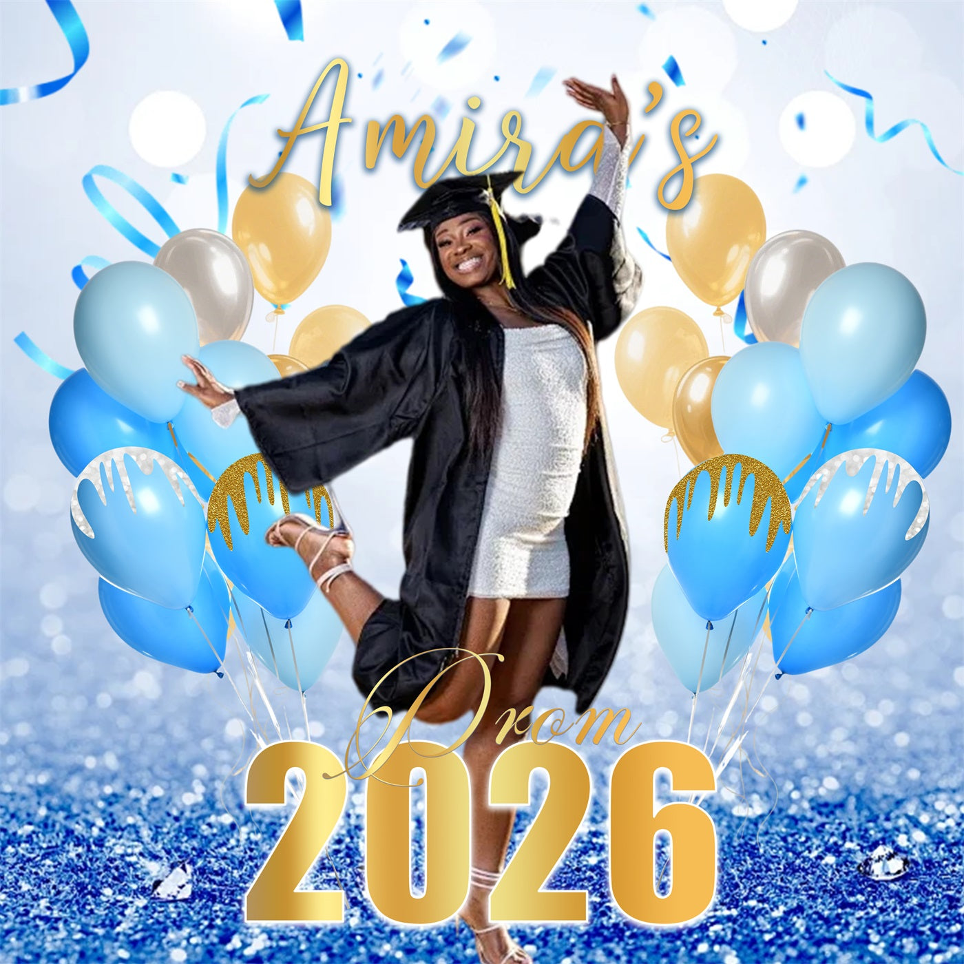 Balloons Prom Backdrop Blue Gold Prom Moment Prom 2026 Backdrop UK RR63-42