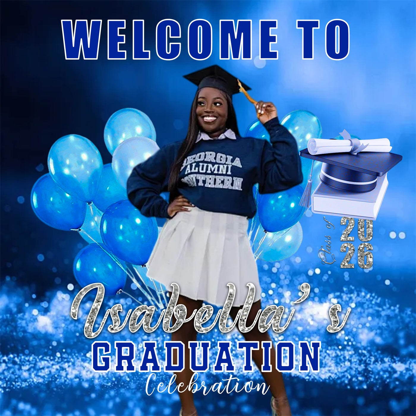 Balloons Graduation Backdrop Cap Blue Glitter Bokeh Backdrop For Graduation Party UK RR63-43