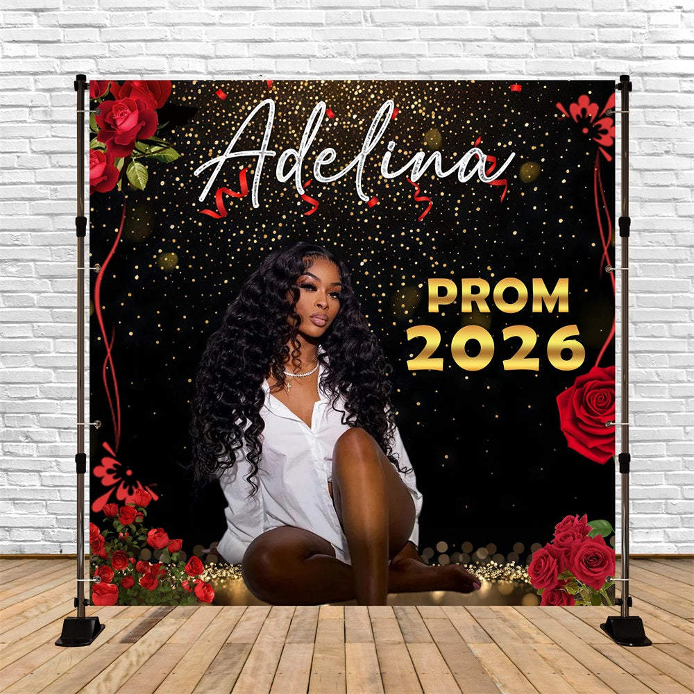 Rose Prom Party Backdrop Gold Sparkles Red Flowers 2026 Prom Backdrop UK RR63-58