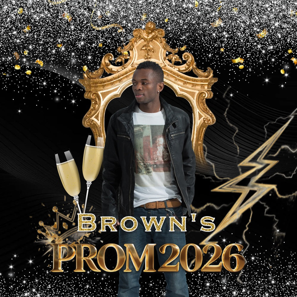Silver And Black Prom Backdrop Golden Throne Champagne Glasses Prom 2026 Backdrop UK RR63-64