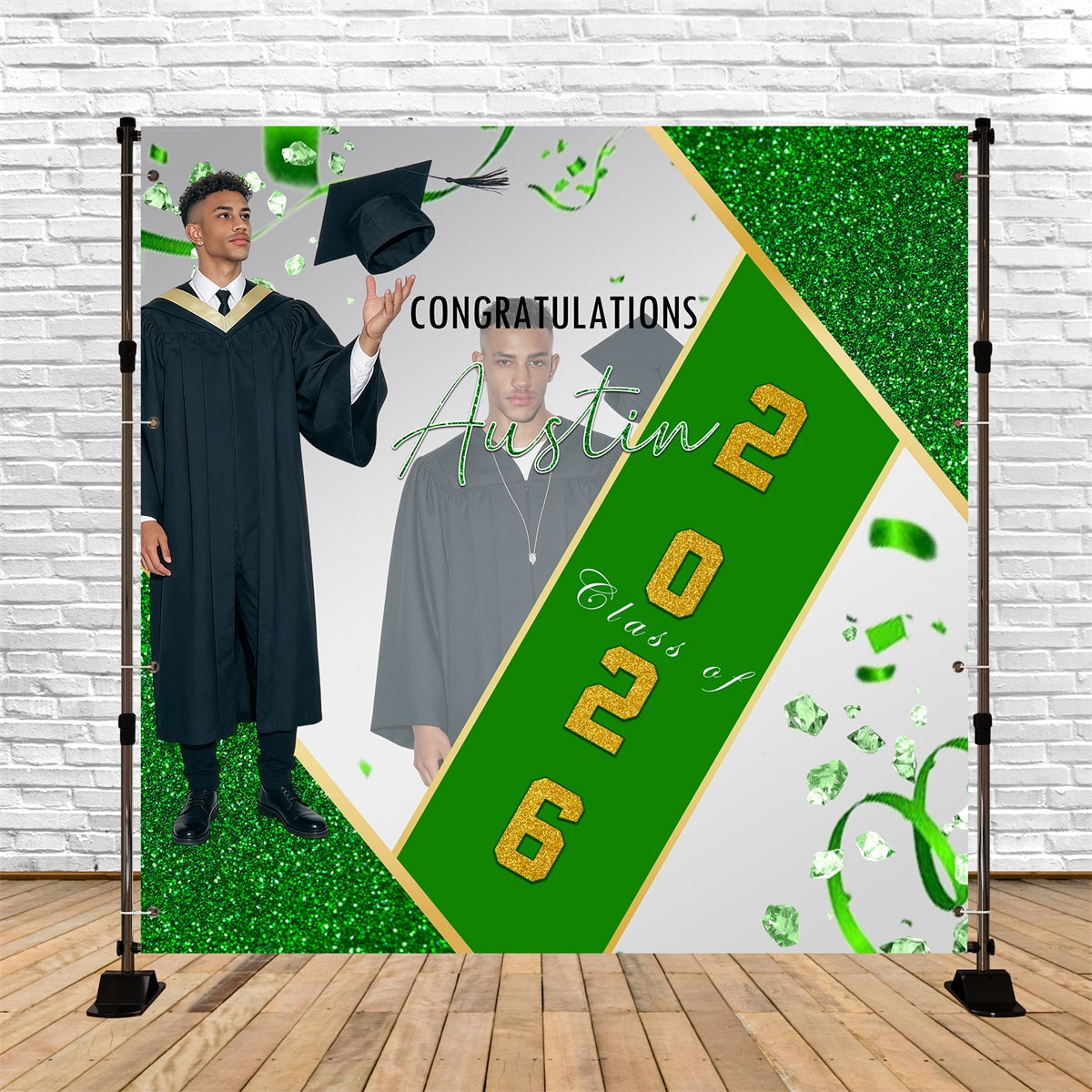 College Graduation Backdrop Green Glitter Celebration Moment Backdrop Ideas For Graduation Party UK RR63-67