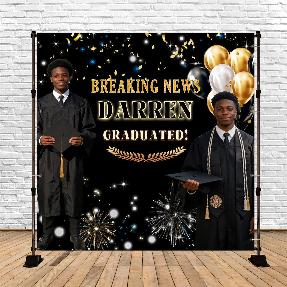 Custom Graduation Backdrop Black Gold Firework Balloon Graduation Party Backdrop UK RR63-7