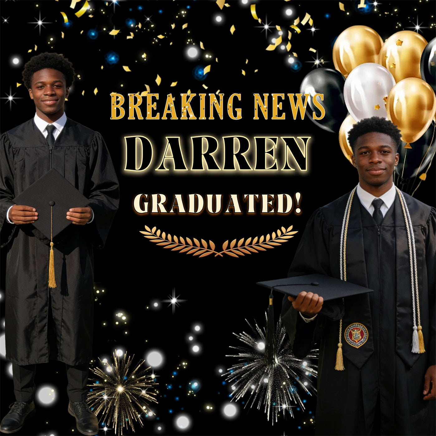 Custom Graduation Backdrop Black Gold Firework Balloon Graduation Party Backdrop UK RR63-7