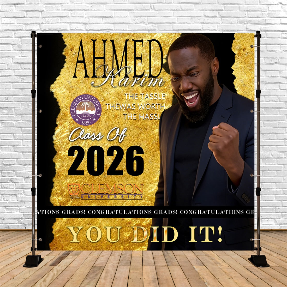 Editorial Vogue Graduation Backdrop Golden Sparkle Class of 2026 Graduation Custom Backdrop UK RR63-71