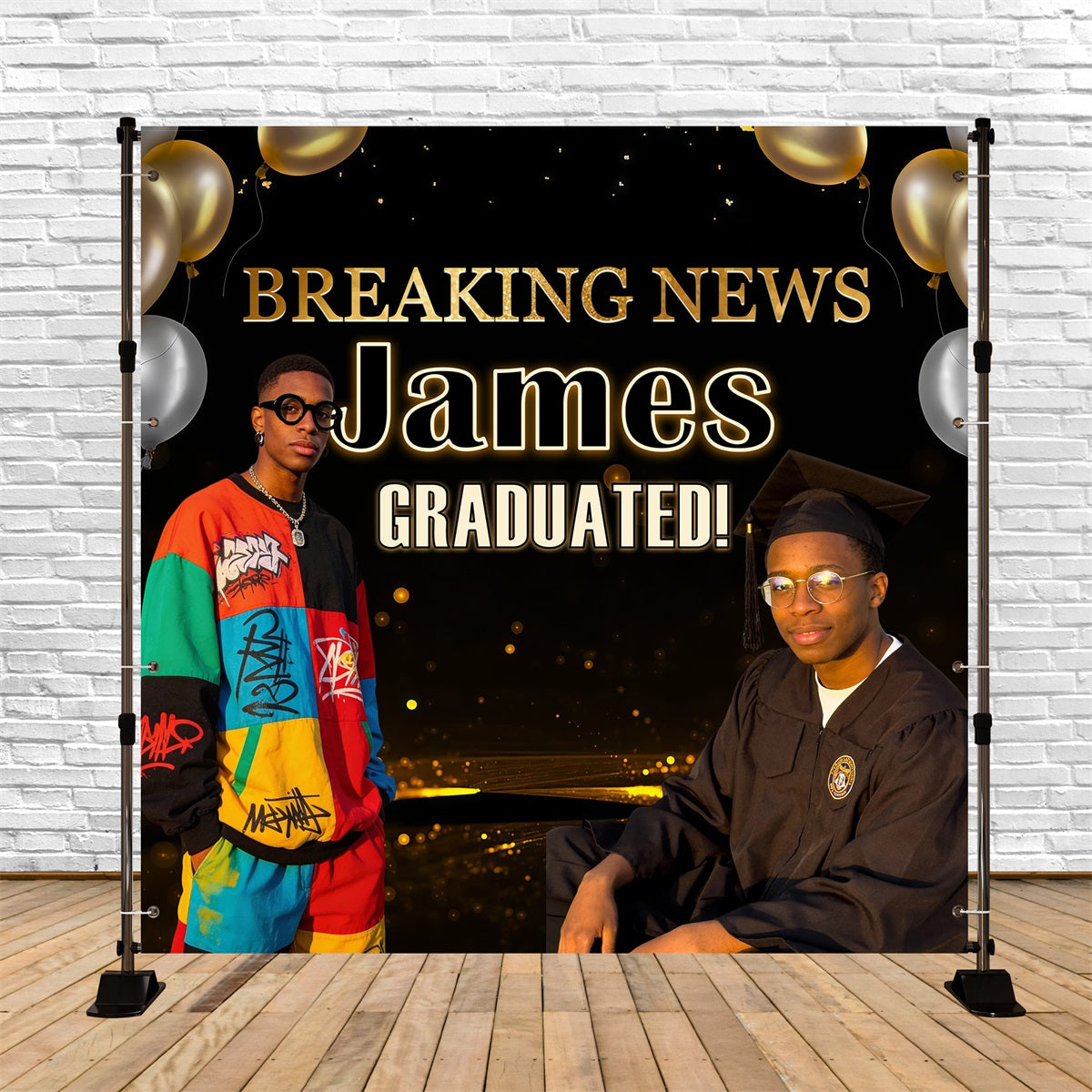 Graduation Party Backdrop Ideas Black Gold Spotlight Balloon Custom Graduation Backdrop UK RR63-8