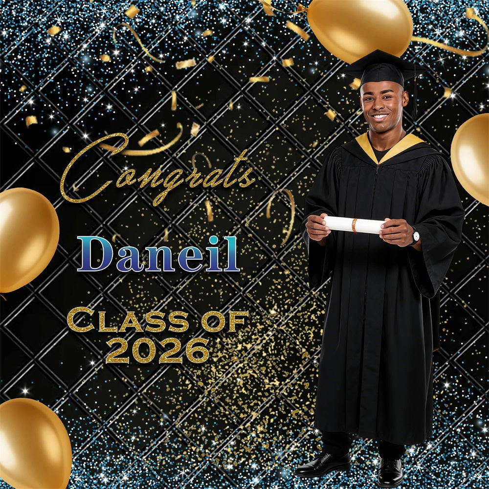 Balloons Graduation Backdrop Gold Ribbons Glitter Personalized Graduation Backdrop UK RR63-80