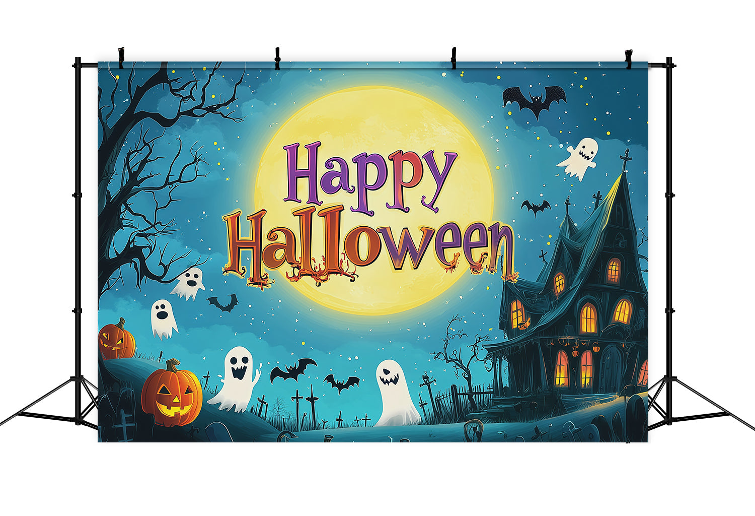 Halloween Party Backdrops Cartoon Moon Ghost House Halloween Photo Booth Backdrop UK RR67-107