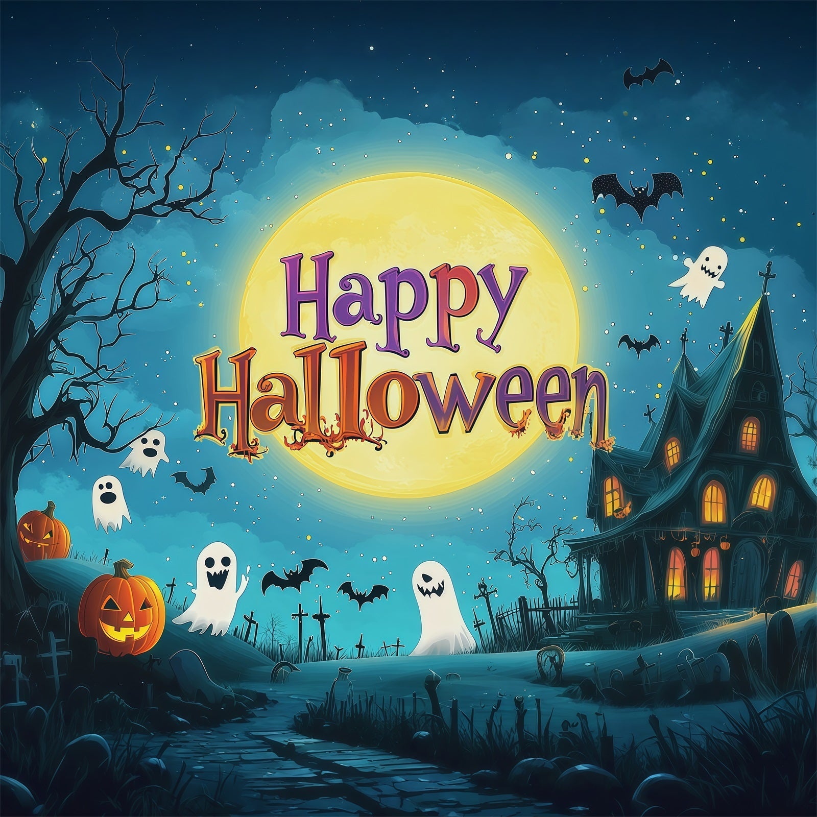 Halloween Party Backdrops Cartoon Moon Ghost House Halloween Photo Booth Backdrop UK RR67-107